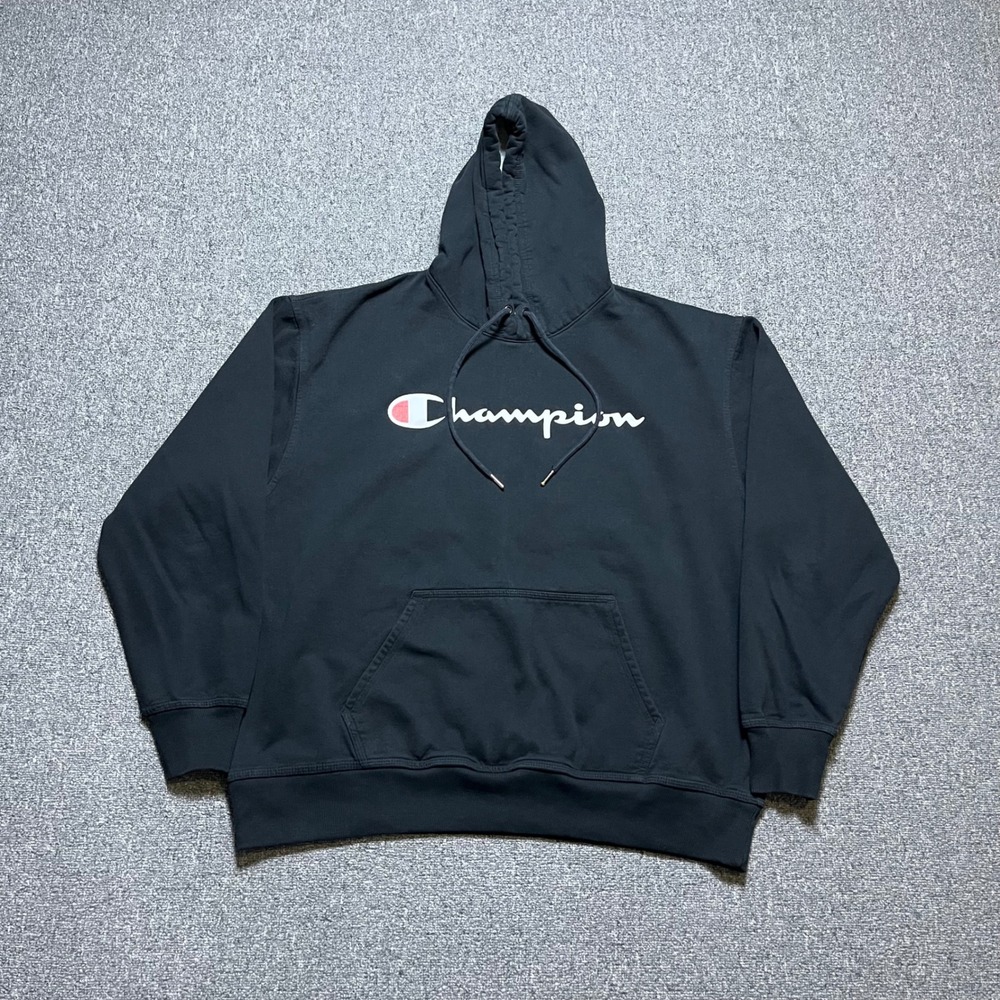 Champion Hoodie Size XL Black Script Logo Pullover Sweatshirt Mens Athleticwear